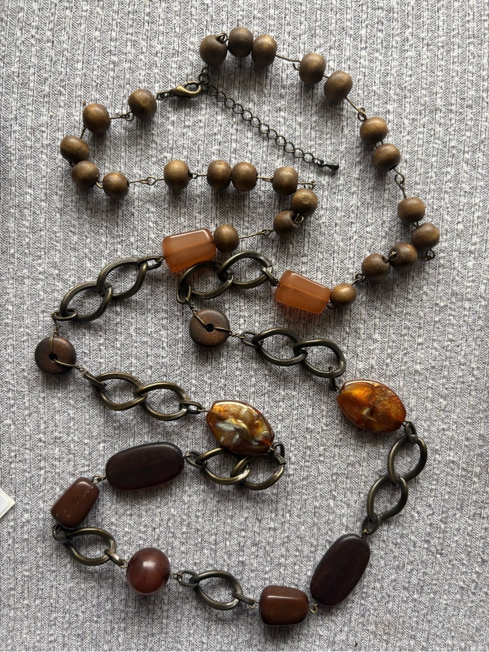 Vintage dark metal tone brown, wooden & orange chunky beaded adjustable necklace